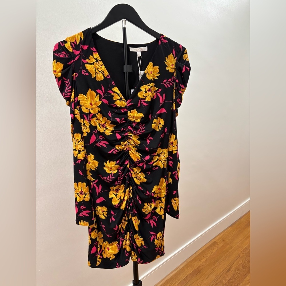 239. NWT! Wayf Fidella Black, pink & Yellow Floral Long Sleeve Mini Dress Size S